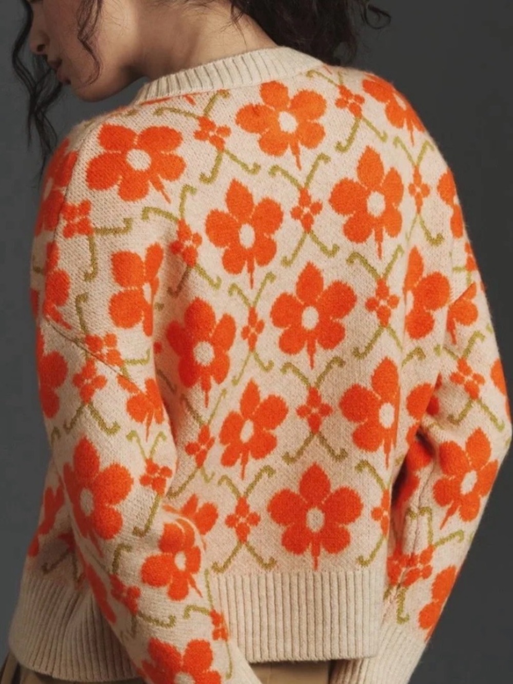Anthropologie Maeve Intarsia Orange Floral Cardigan Size Large - Picture 2 of 11